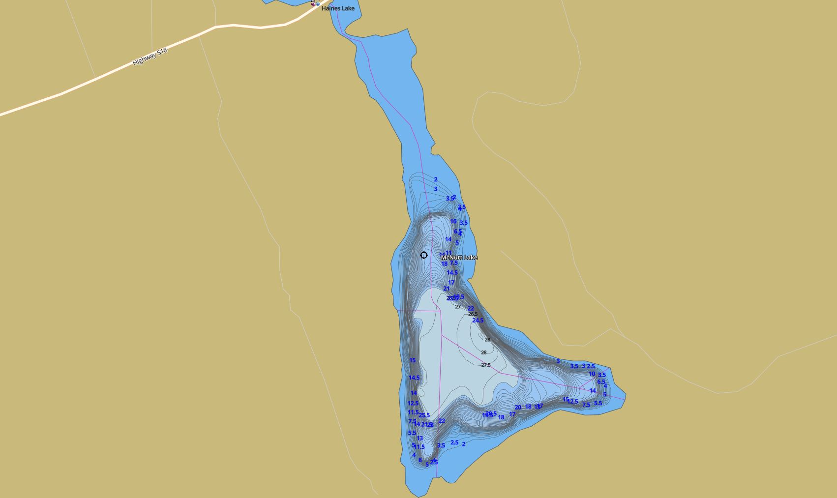Contour Map of McNutt Lake in Municipality of Seguin and the District of Parry Sound